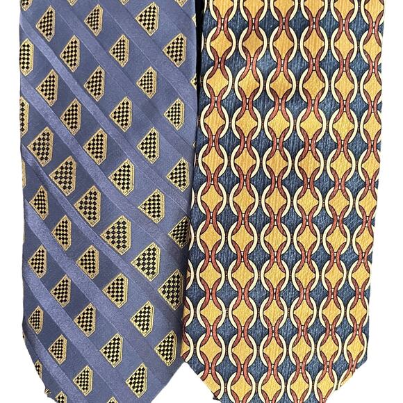 Lands' End Men's Ties Set Of Two 100% Silk Neck Ties Geometric Blue Yellow EUC - Picture 1 of 10